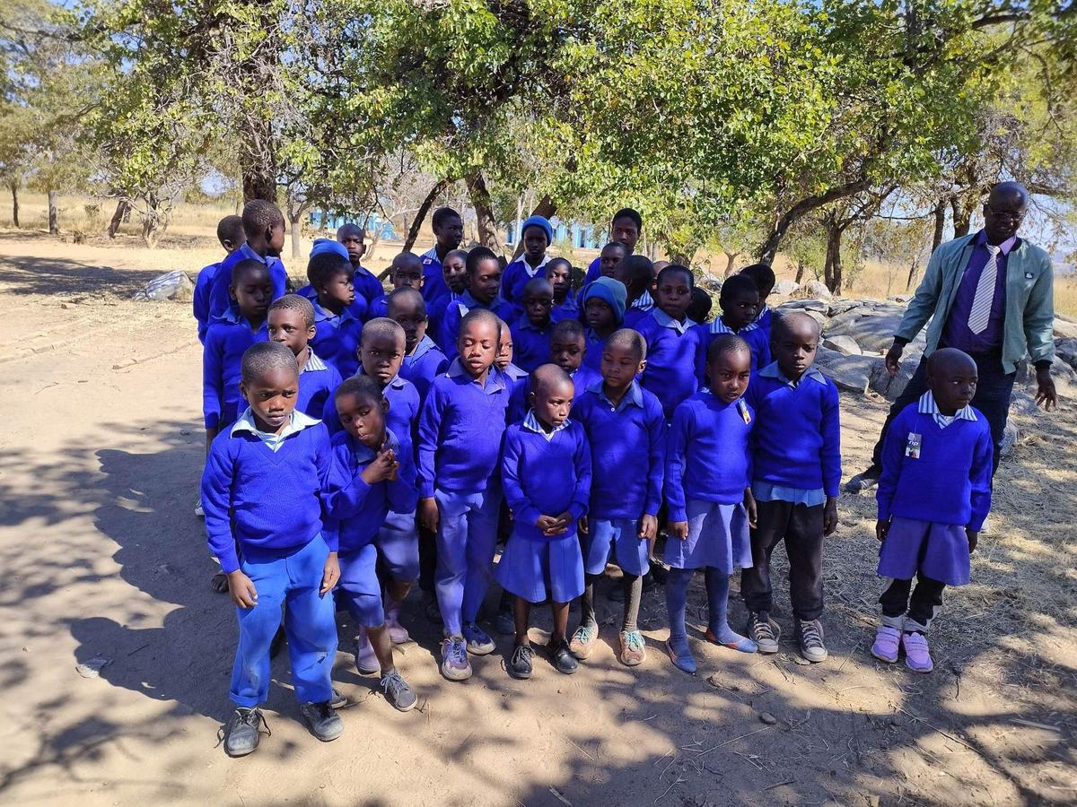 Schoolchildren in blue uniforms gathered under trees outdoors